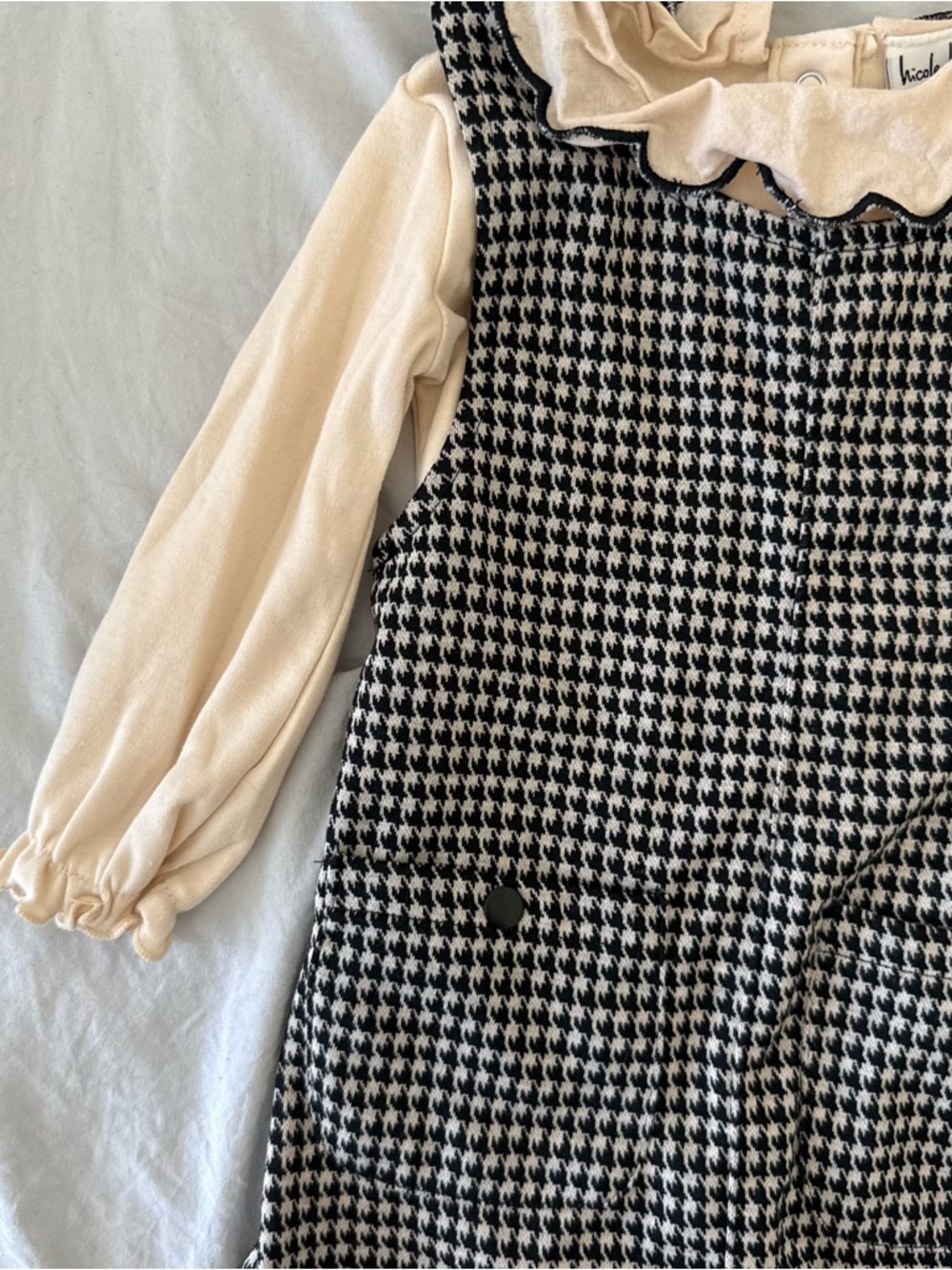 Nicole Miller Cream Blouse with Black and White Houndstooth Pinafore Dress